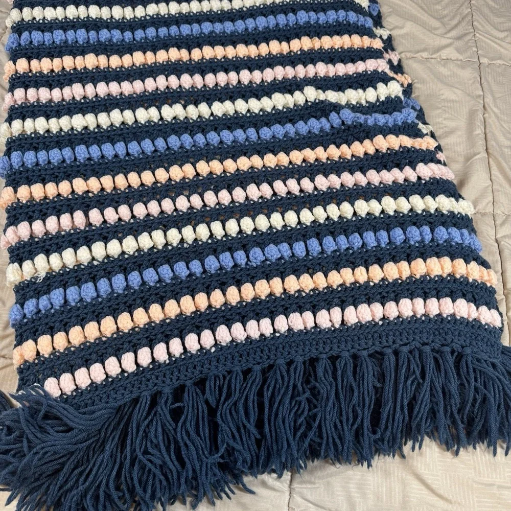 Vtg Colorful Fringe Bobble Crochet Knit Heavy Blanket Afghan 76